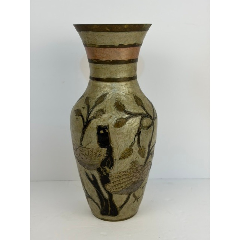 Vintage Brass Bird Botanical Etched Enamel Vase Handcrafted India 8 Inch Earthy